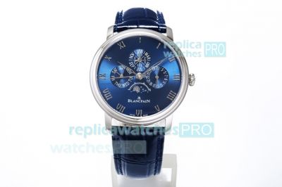 Swiss Replica Blancpain Villeret Quantieme Perpetuel 6656 Watch SS Blue Dial